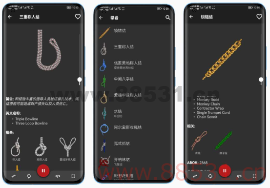 Knots 3D 3D绳结 有三十多种式样，常用的主要有六种
