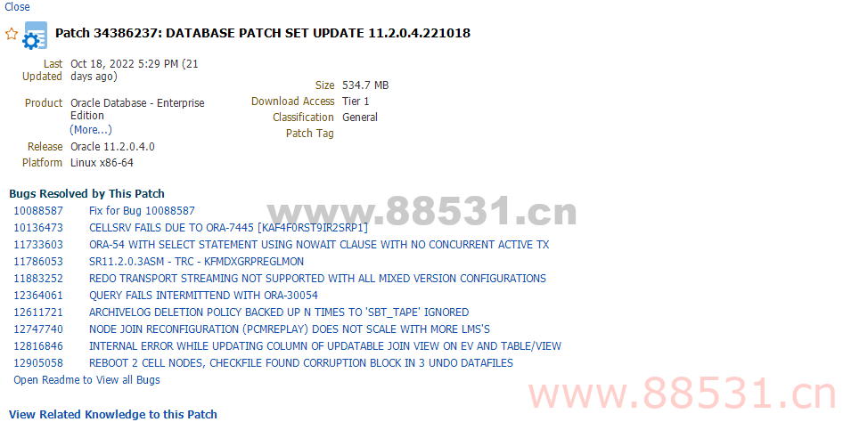 Patch 34386237: DATABASE PATCH SET UPDATE 11.2.0.4.221018 PSU 2022年10月11g Linux DB 补丁