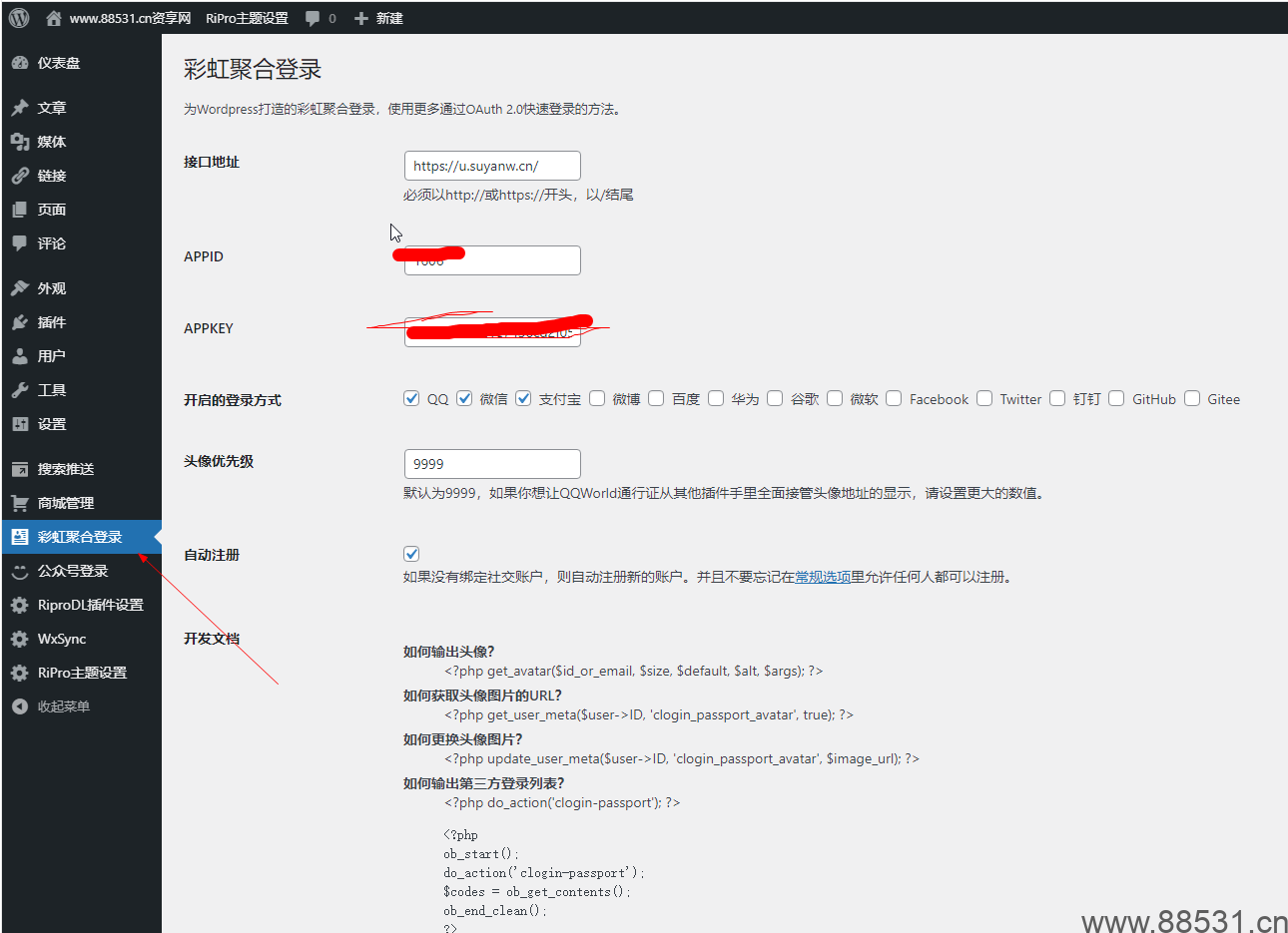 wordpress ripro模板修改代码免签多接口插件_彩虹聚合登录