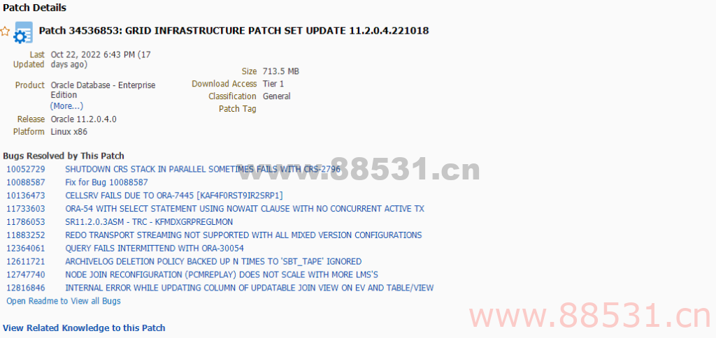 Patch 34536853: GRID INFRASTRUCTURE PATCH SET UPDATE 11.2.0.4.221018 11g Linux 2022年10月最新补丁