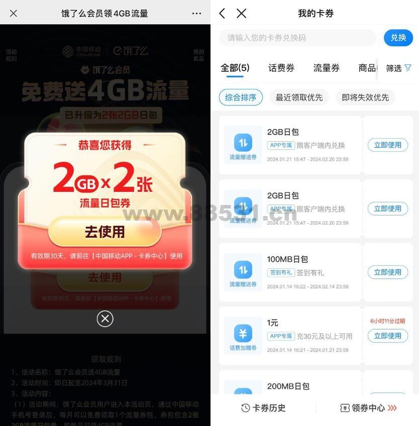 移动用户领2张2GB日包流量券